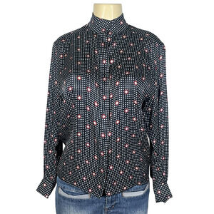 Vintage Anne Klein II Blouse Womens 6 Navy Silk High Neck Polka Dot Print 80s